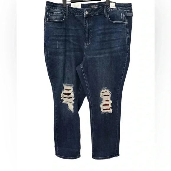 NWT Judy Blue Mid Rise Boyfriend Fit Jeans Size 24W With Flannel Patch - Picture 1 of 7